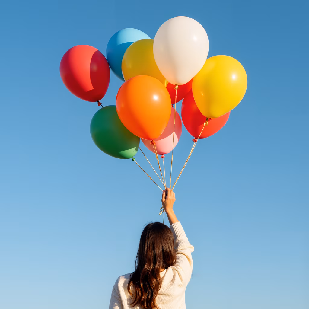 Person holding colorful balloons under a clear blue sky.