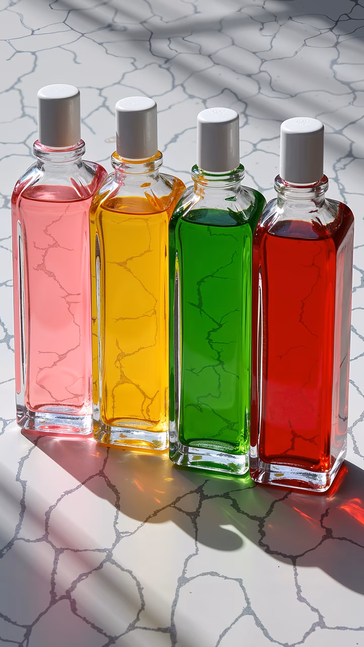 Vibrant liquid-filled bottles on a cracked surface, showcasing bold colors and sharp shadows.