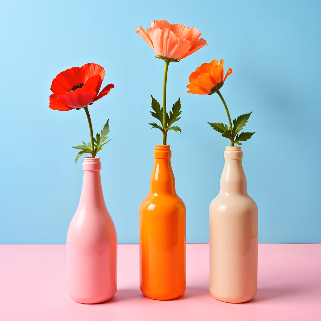 Vibrant still-life photo featuring colorful bottles and flowers against a blue backdrop.