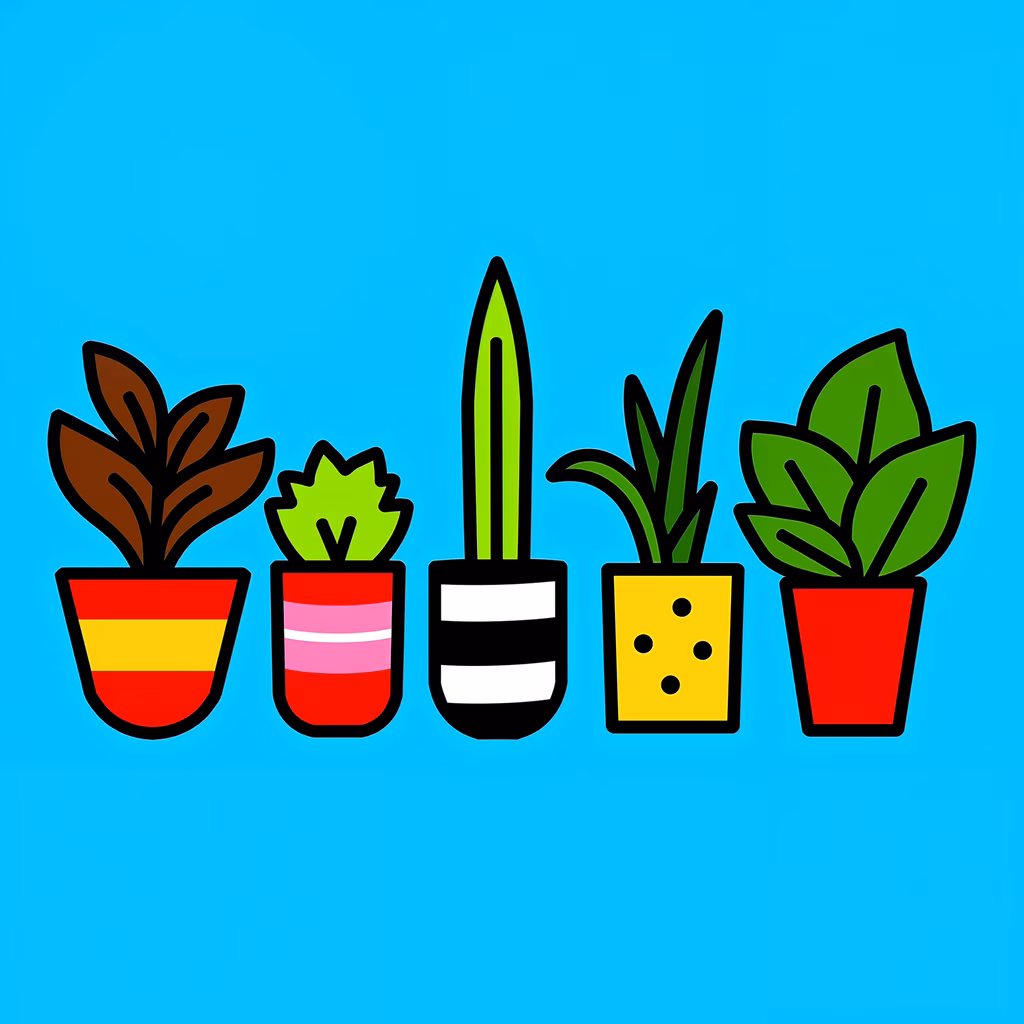 Brightly colored potted plants on a blue background