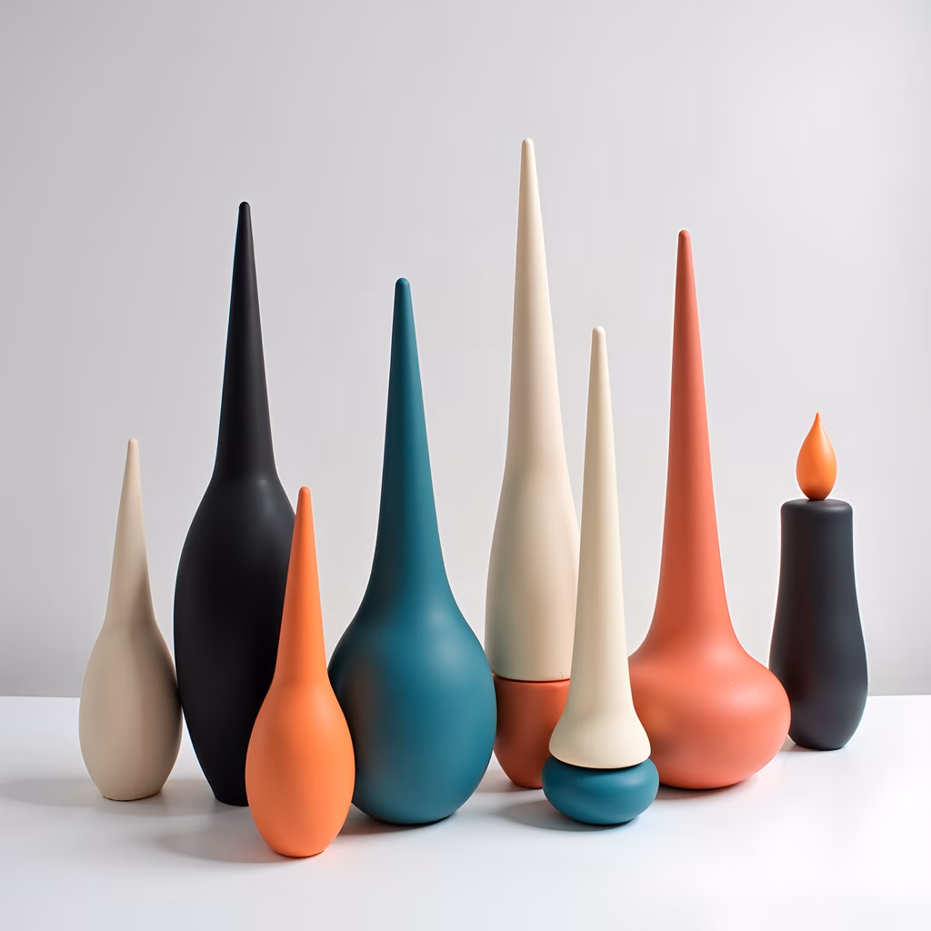 Teardrop vases in bold colors on a clean white backdrop.