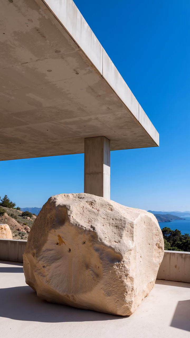 Minimalist architecture meets natural stone under a clear blue sky.