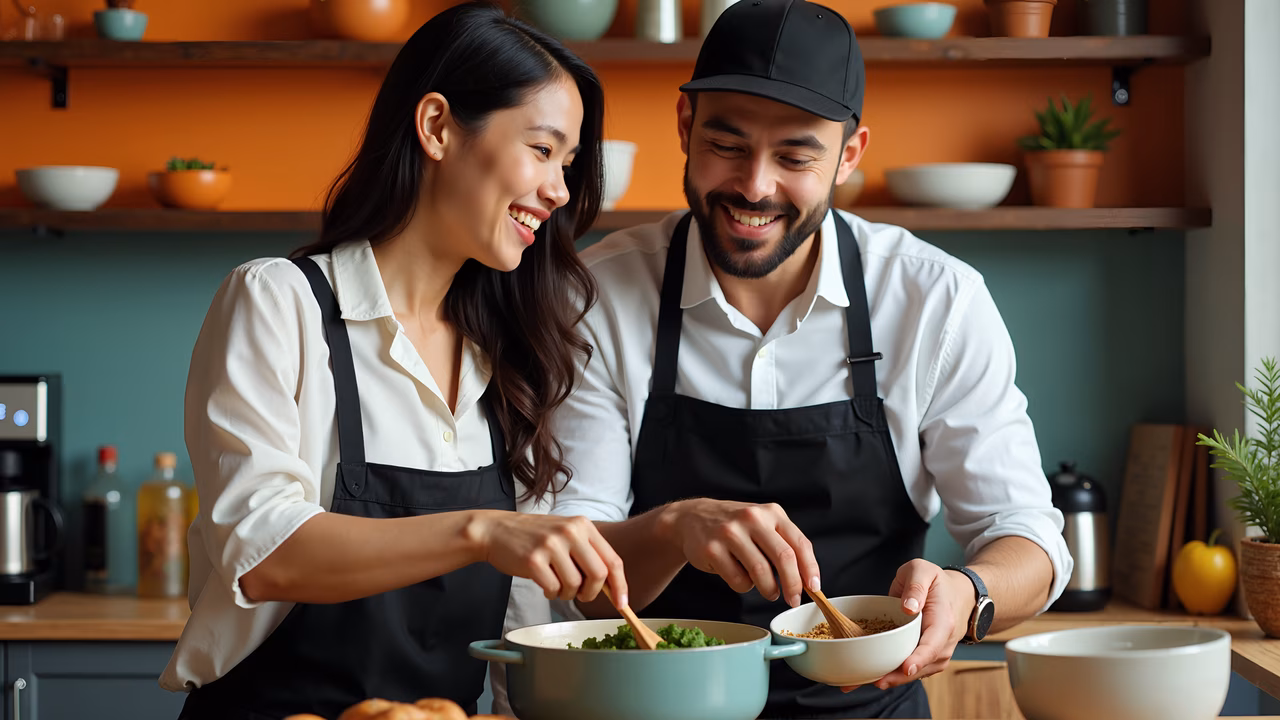 A joyful couple cooking together in a warm kitchen setting.
