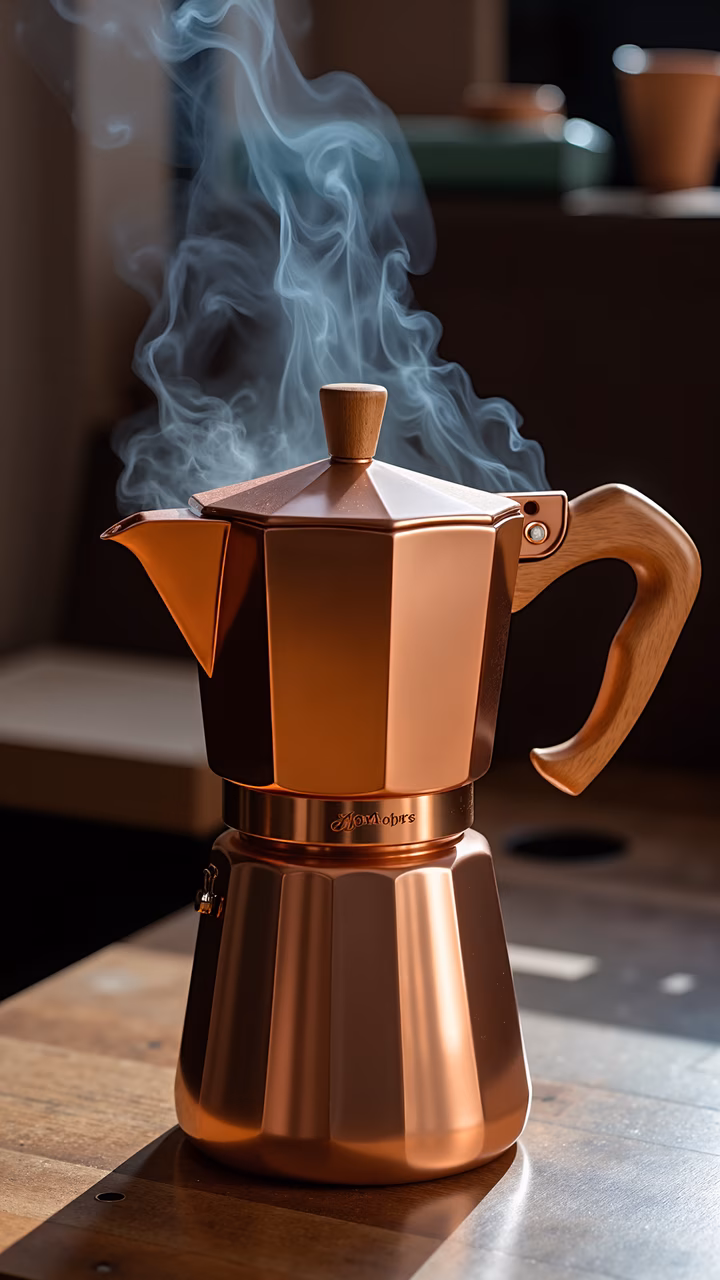 Close-up of a copper espresso maker with steam rising, set on a wooden table.