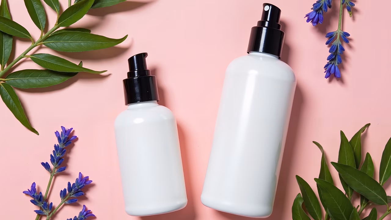 Minimalist beauty products with natural accents on a pink background.