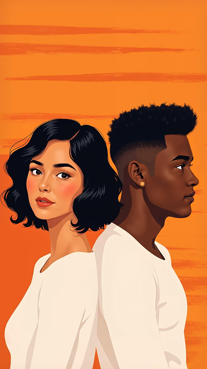 A couple standing back-to-back against a vibrant sunset, symbolizing unity and tranquility.