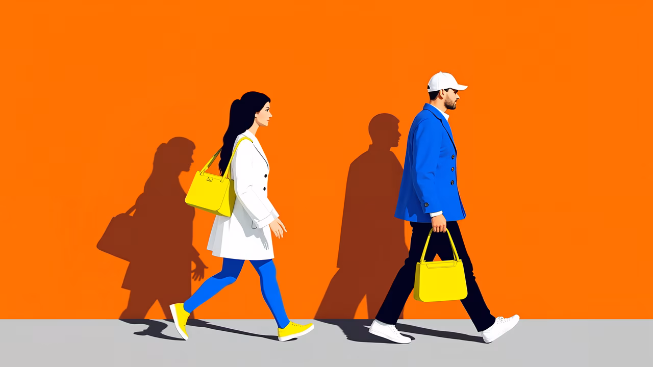 Fashionably dressed couple walking together in a colorful urban setting.