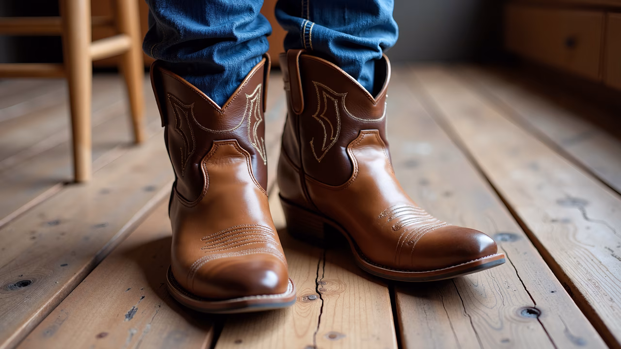 Close-up of stylish cowboy boots on a wooden floor, showcasing craftsmanship and rustic charm.