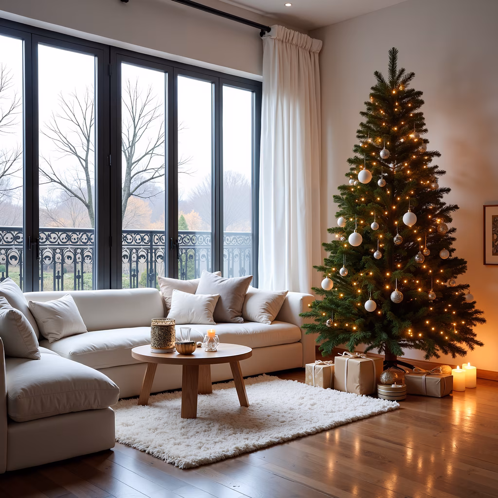 A warm and inviting Christmas living room with a decorated tree and soft lighting.