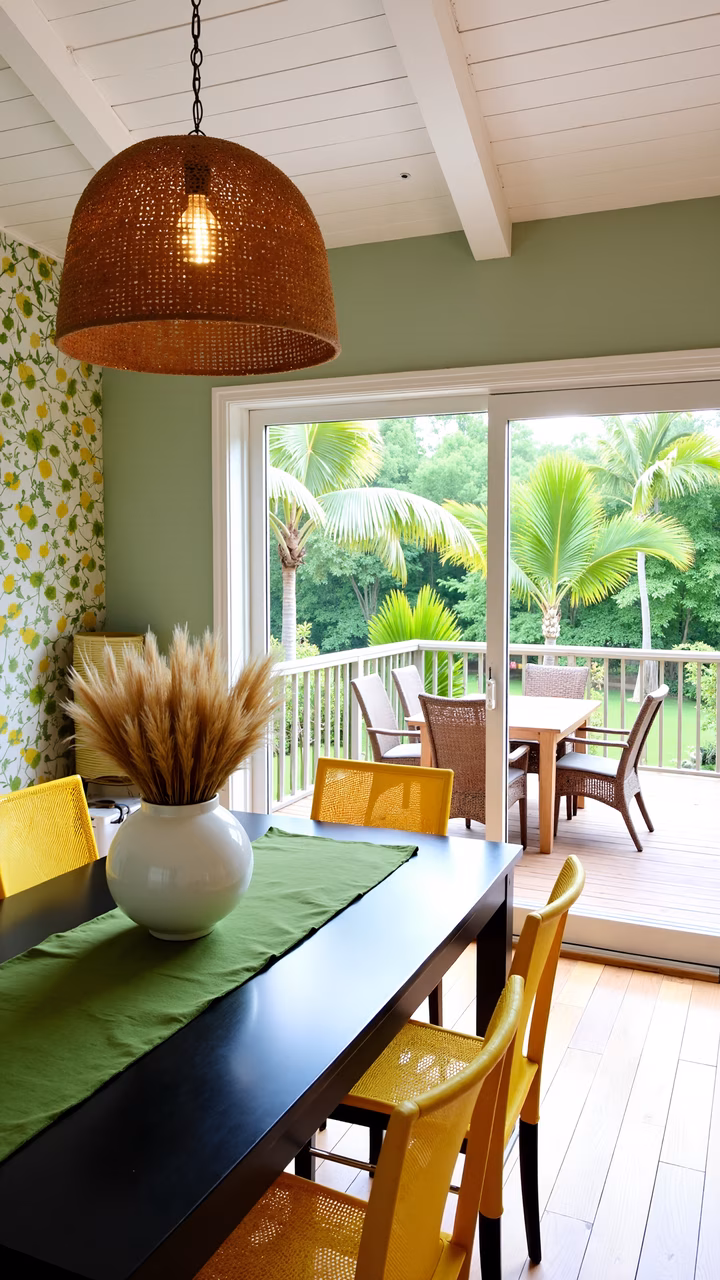 A warm and inviting dining room with a tropical twist, featuring yellow chairs and a green runner.