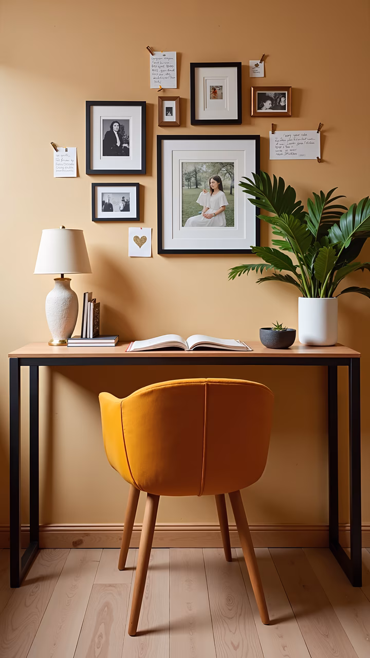 Warm and cozy home office with a gallery wall and mustard yellow chair.