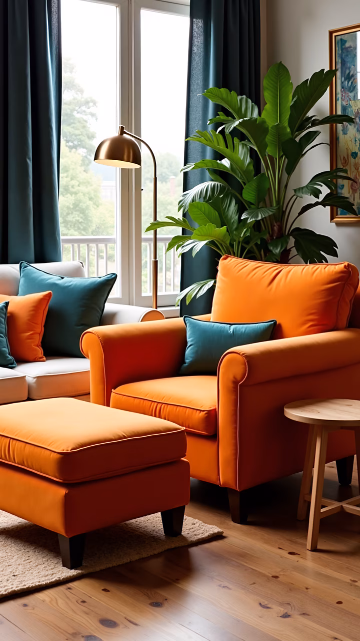 Vibrant orange and teal living room with natural wood and greenery.