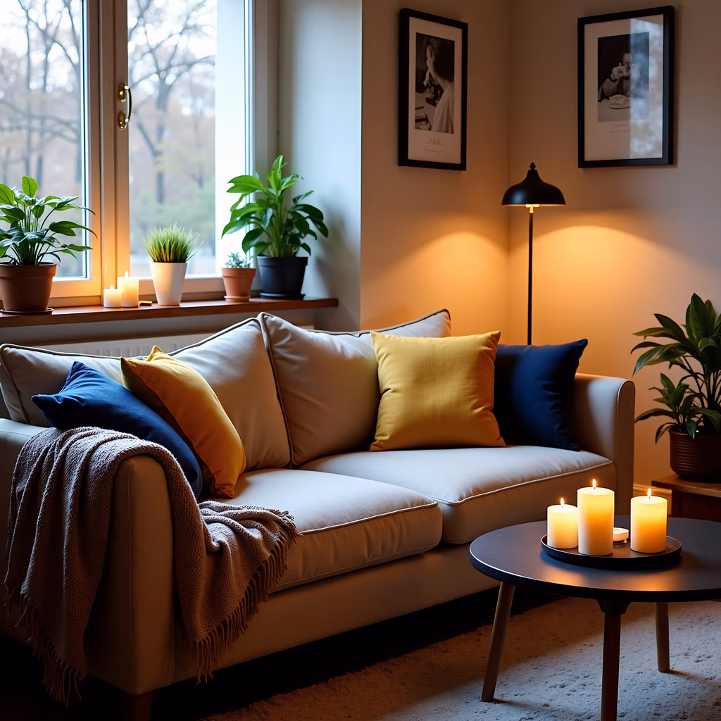 A tranquil living room with a beige sofa, mustard yellow cushions, and lit candles.