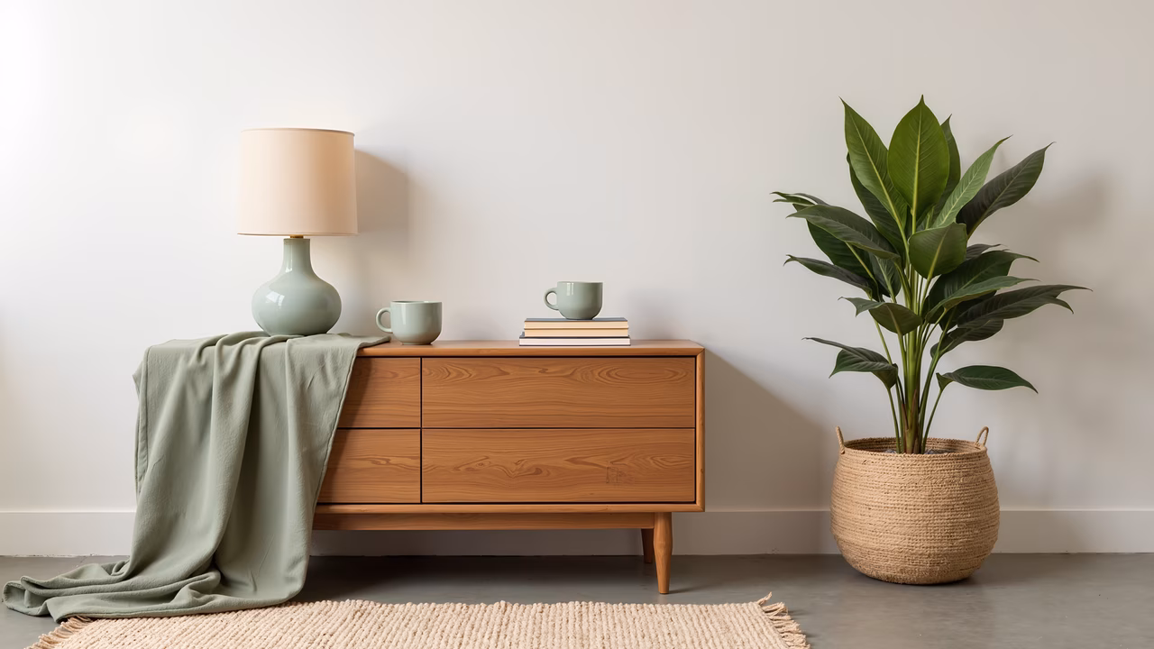 A minimalist interior with a wooden sideboard, green throw blanket, and a lush green plant.
