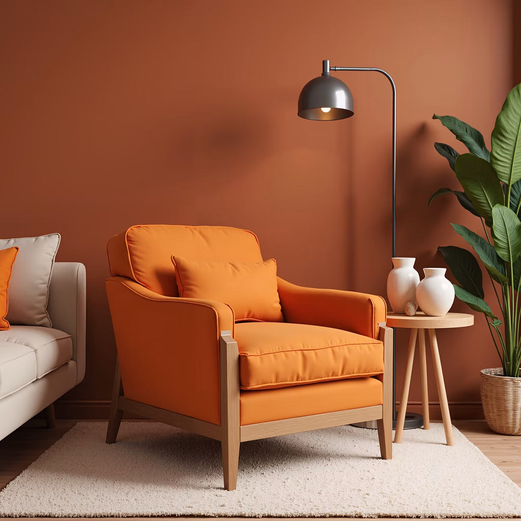 Modern living room with a striking orange armchair and neutral accents.