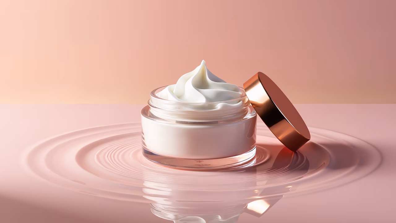 Elegant cream jar with rippling effect on soft pink background