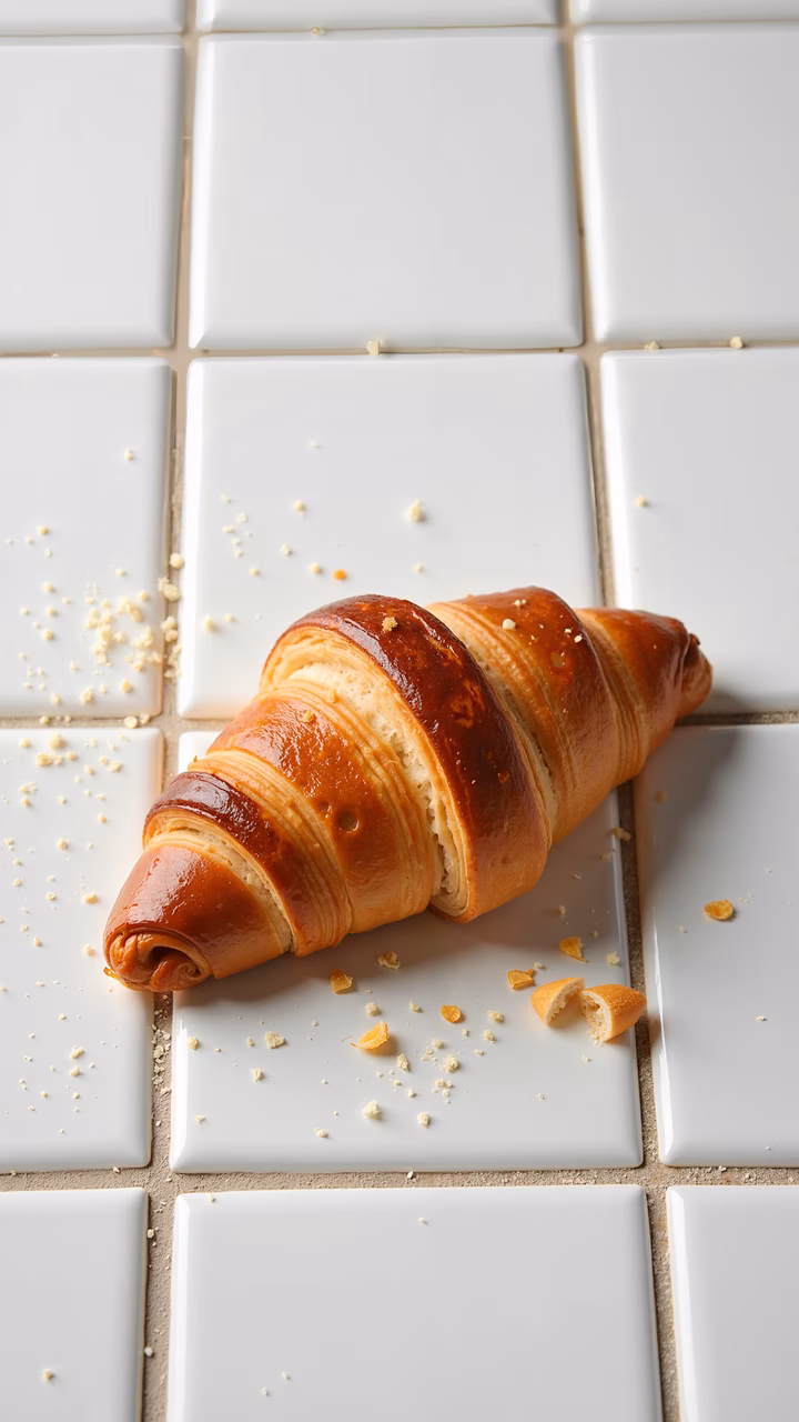 A croissant on a tiled surface, crumbs scattered around, inviting food photography.