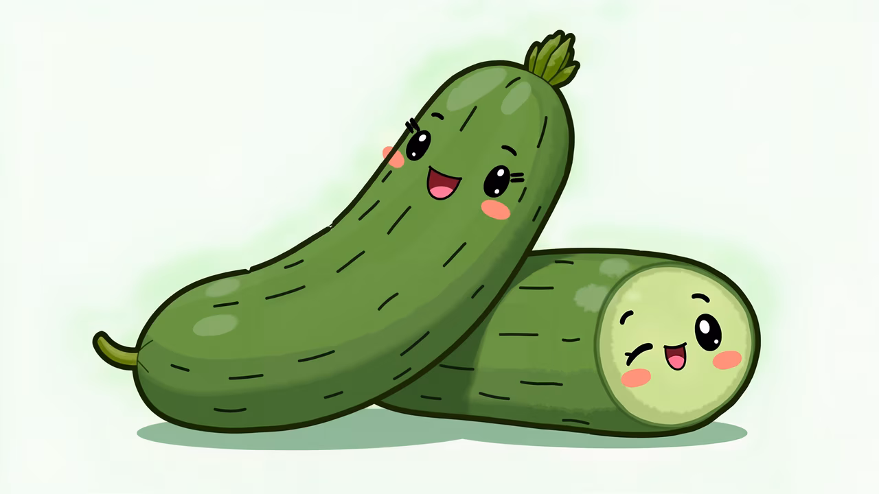 Whimsical anthropomorphic cucumbers with rosy cheeks and wide smiles, set against a soft green background.