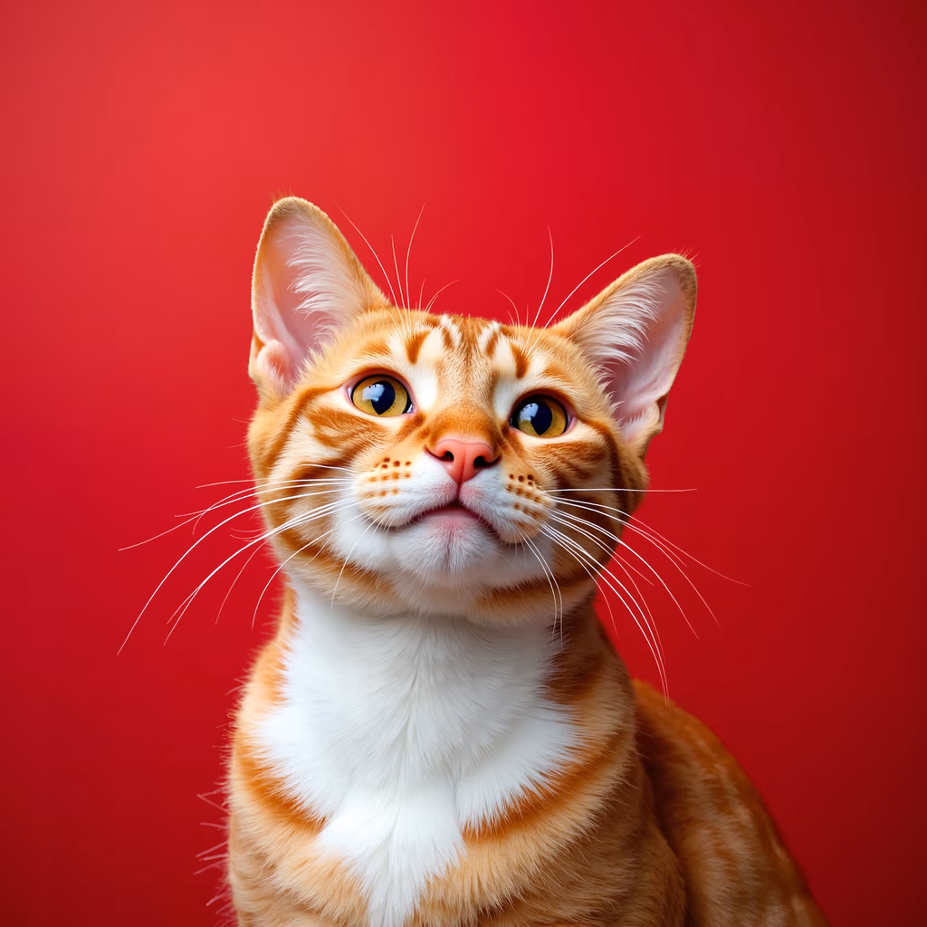 Close-up portrait of a ginger cat with striking yellow eyes on a red background.