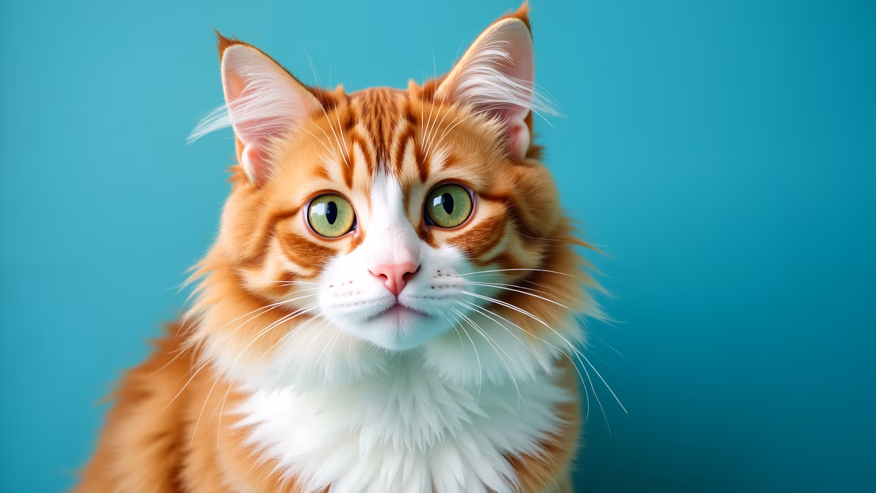 Close-up of a curious ginger cat with green eyes on a teal background.