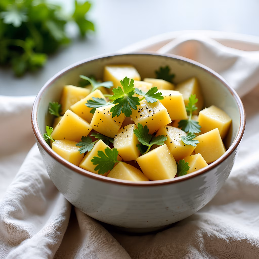 Freshly cut potatoes garnished with parsley in a ceramic bowl on a beige cloth.