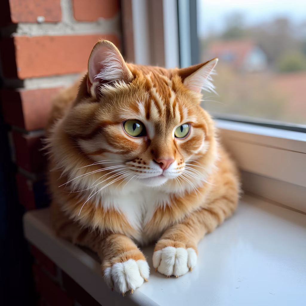 Fluffy ginger cat lounging on a windowsill, gazing directly into the camera.