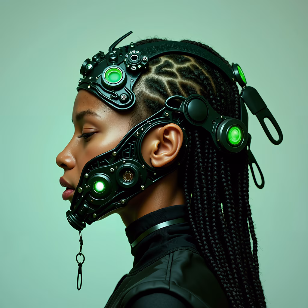 Futuristic cyberpunk headgear with glowing green lights and intricate mechanical details.