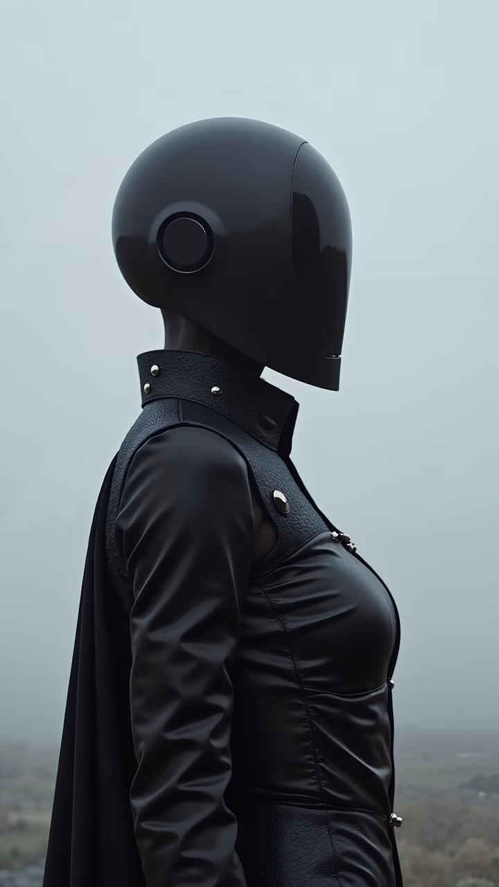 Cyberpunk warrior in black leather armor, standing against a gloomy sky.