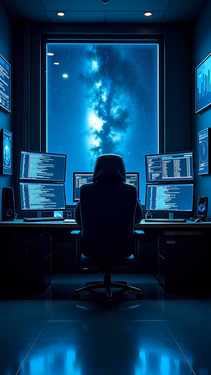 A hooded figure sits at a cybersecurity station, surrounded by glowing screens under a starlit sky.