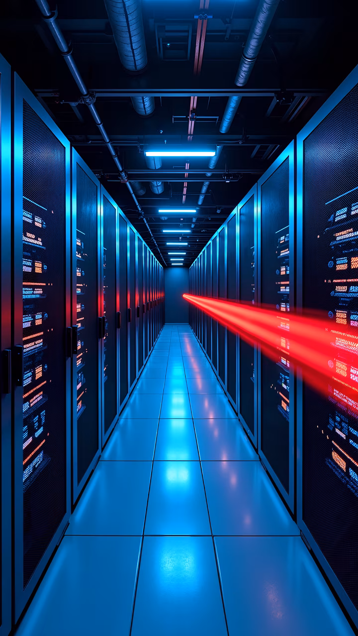 Futuristic data center with blue and red lighting, reflecting modern technology.