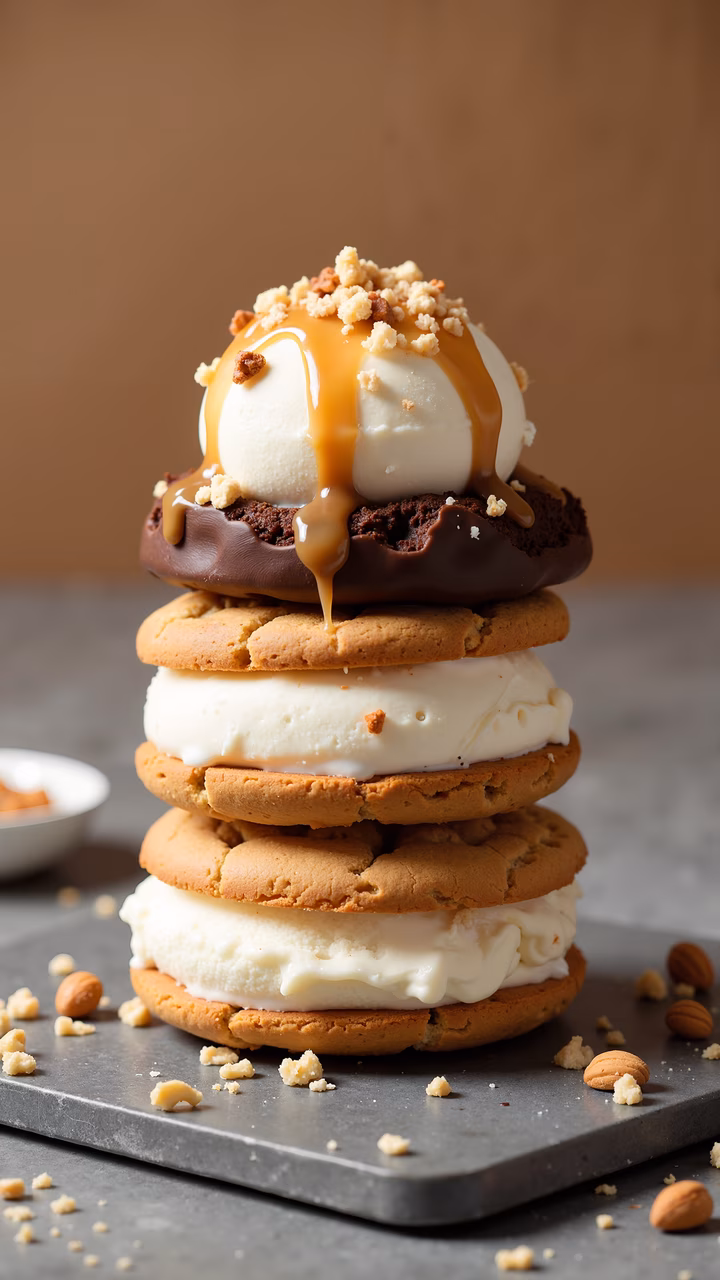 A decadent stack of ice cream sandwiches with caramel and chocolate accents.