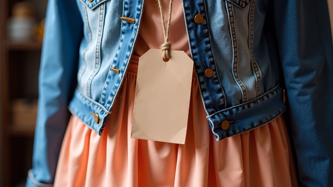 Close-up of denim jacket and peach skirt with blank tag, minimalist fashion.