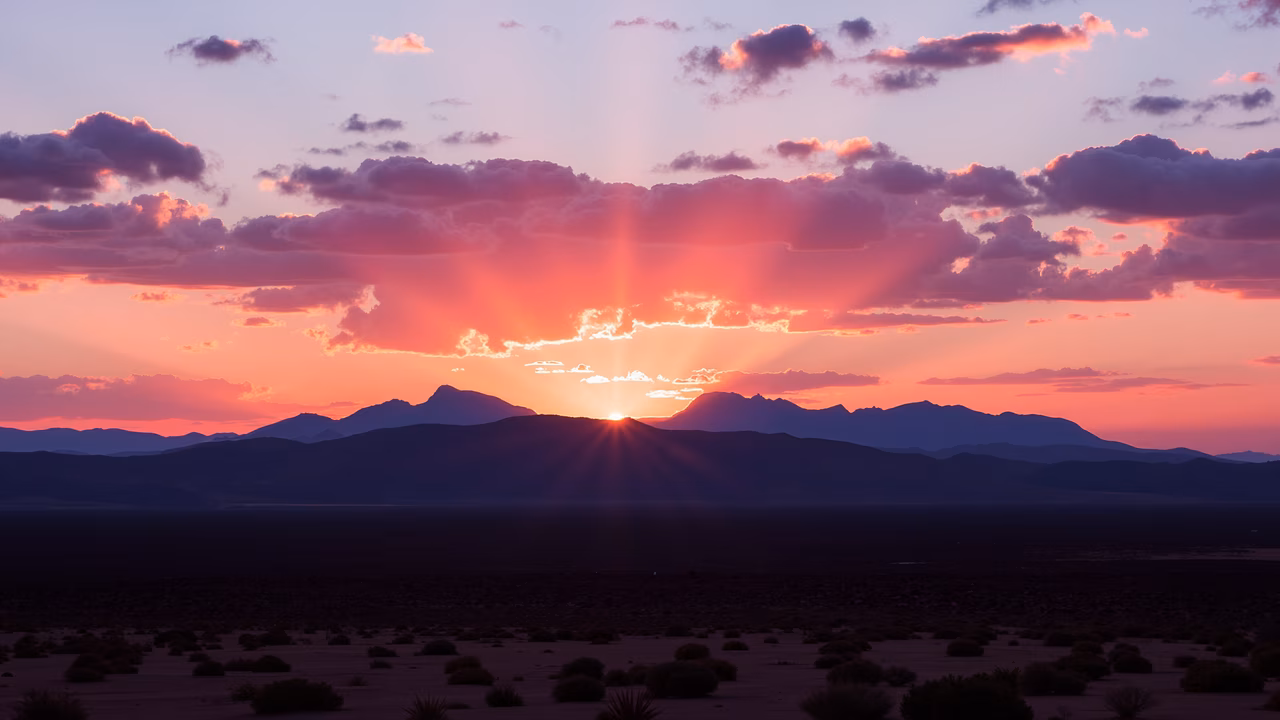 Vibrant desert sunset with radiant beams and colorful sky.