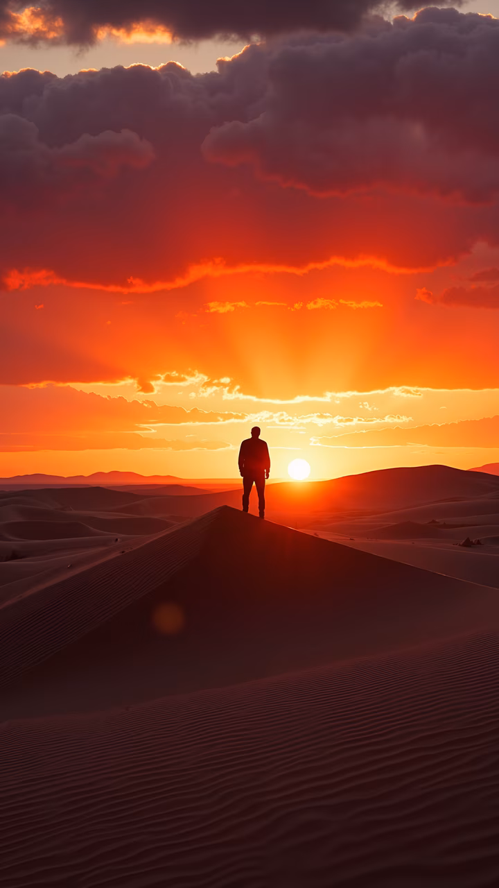 Solitary figure atop dune at sunset, evoking solitude and contemplation.