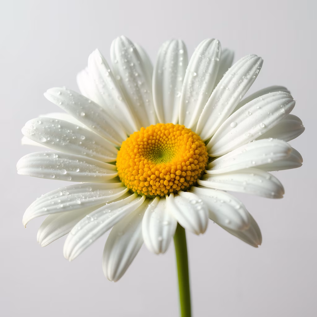 Close-up of a dew-covered daisy with white petals and a yellow center, evoking tranquility.