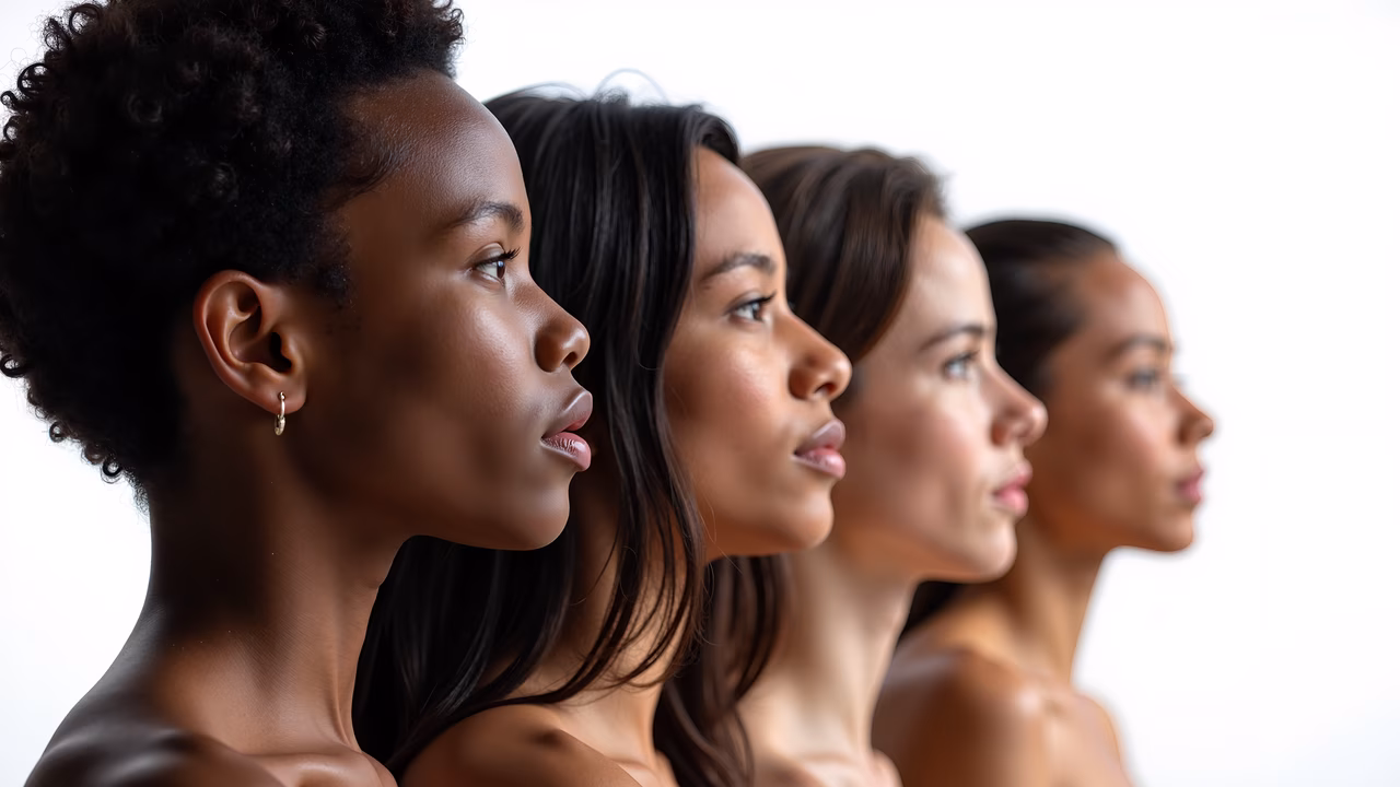 Four diverse women in profile, minimalist beauty portrait.