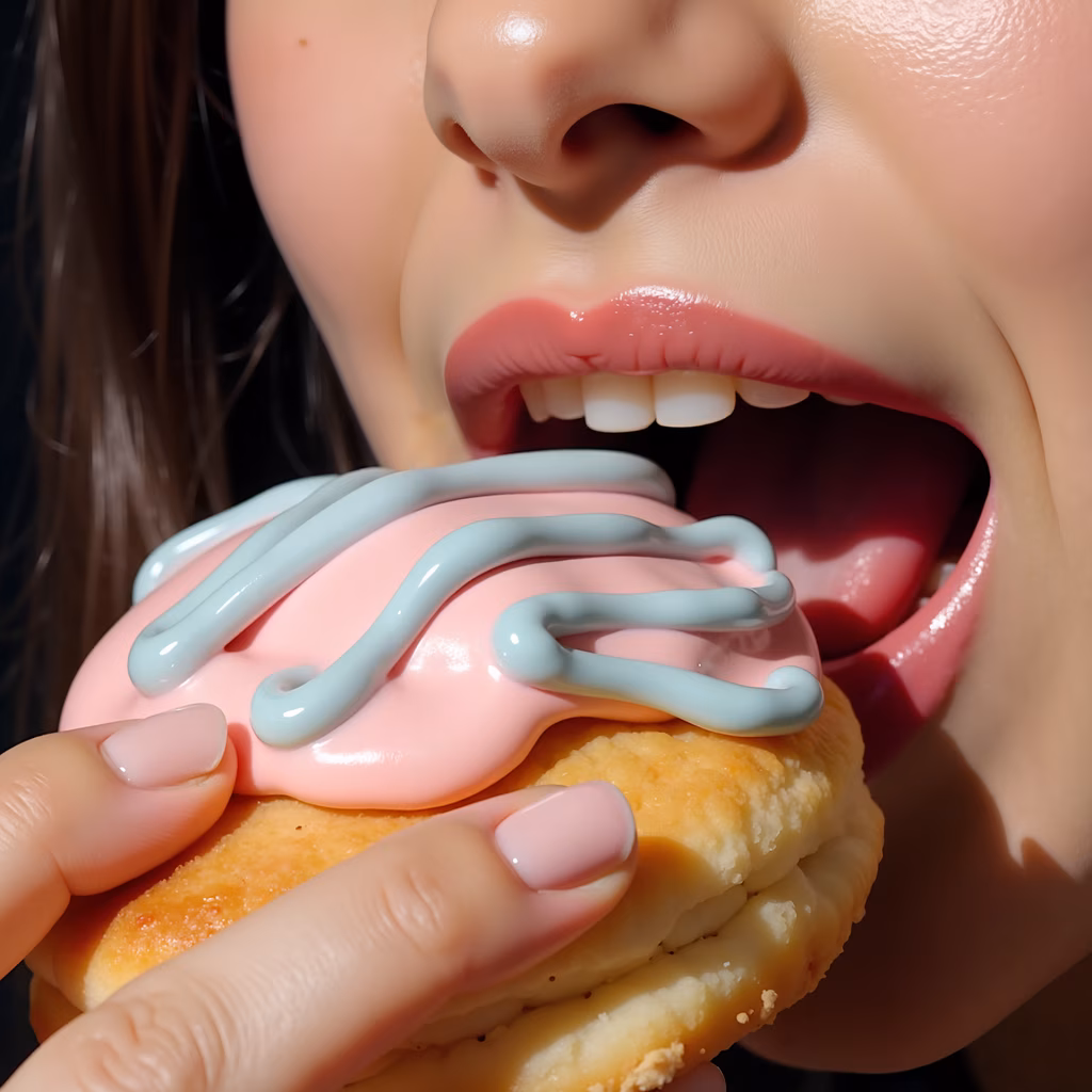 Close-up of a person about to eat a donut with pink icing and blue drizzle.