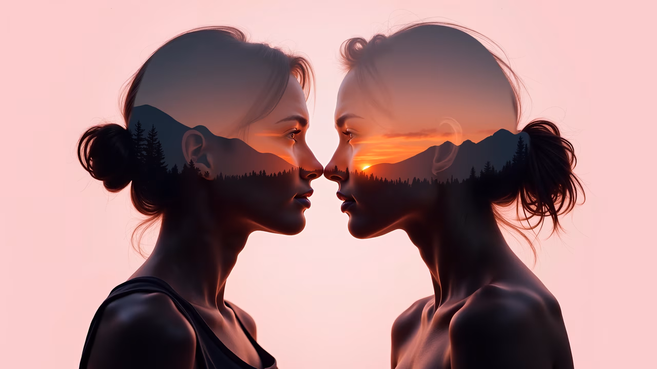 Double exposure portraits blending human silhouettes with a forest sunset, evoking tranquility and connection.