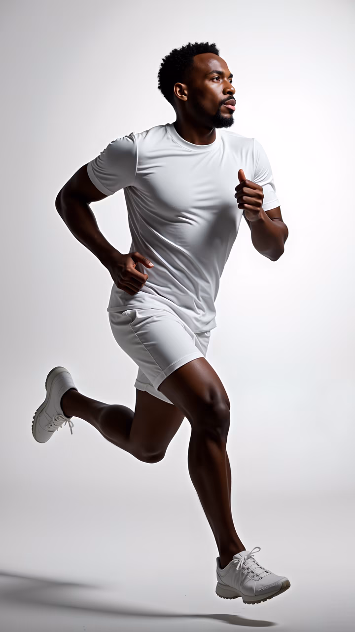 Dynamic runner captured in motion against a minimalist white background.