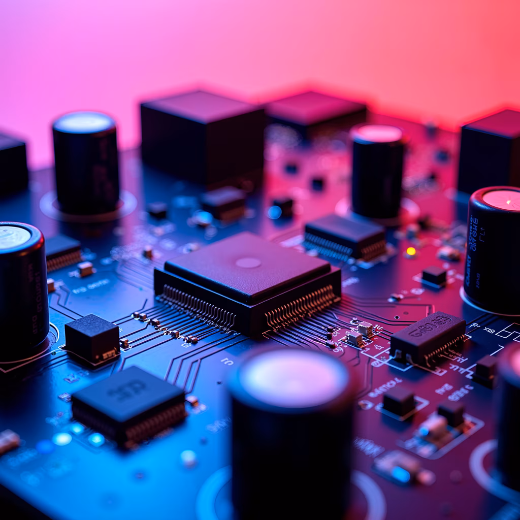 Close-up of a circuit board with neon lighting, emphasizing technology and precision.