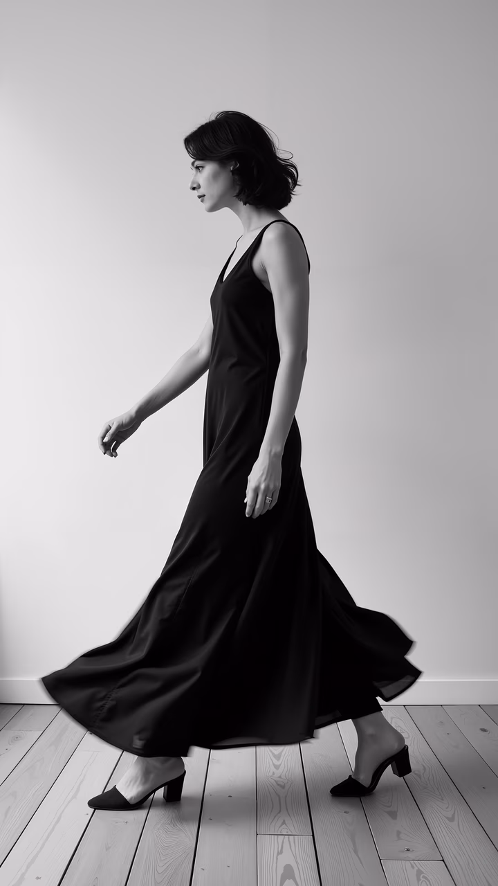 Minimalist elegance in a sleek black slip dress.