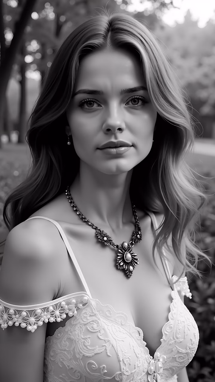 Black-and-white portrait of a bride in detailed lace attire, serene and timeless.
