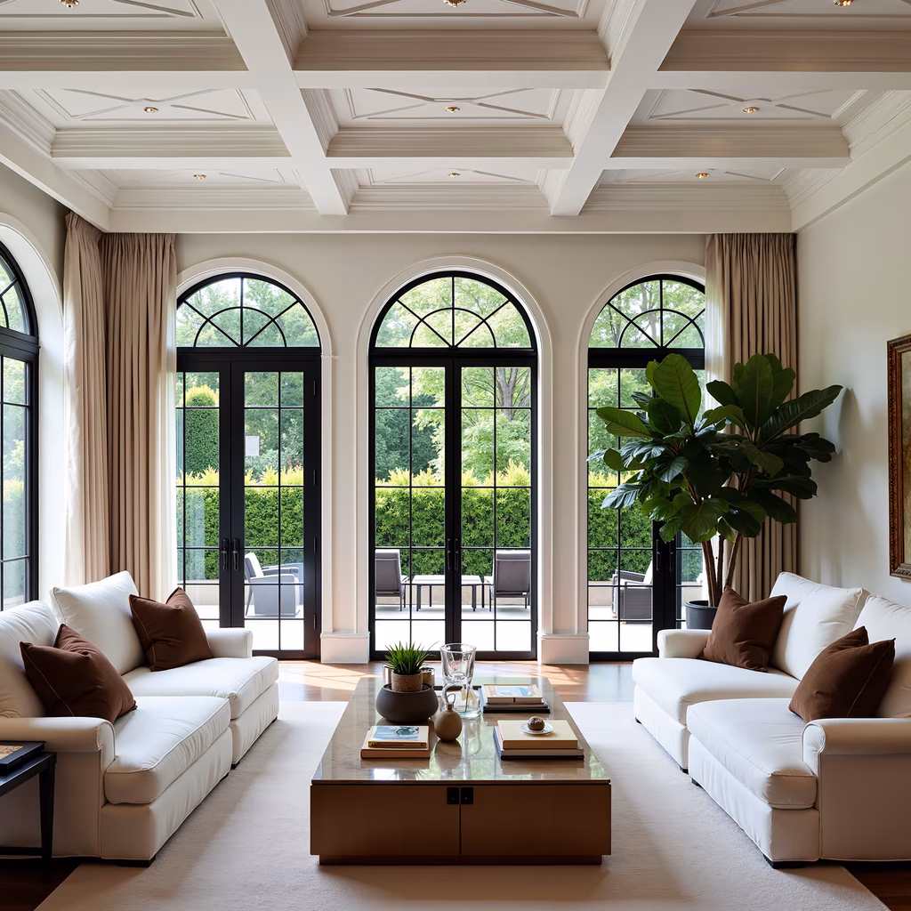 A luxurious living room with white sofas, wooden coffee table, and large arched windows.