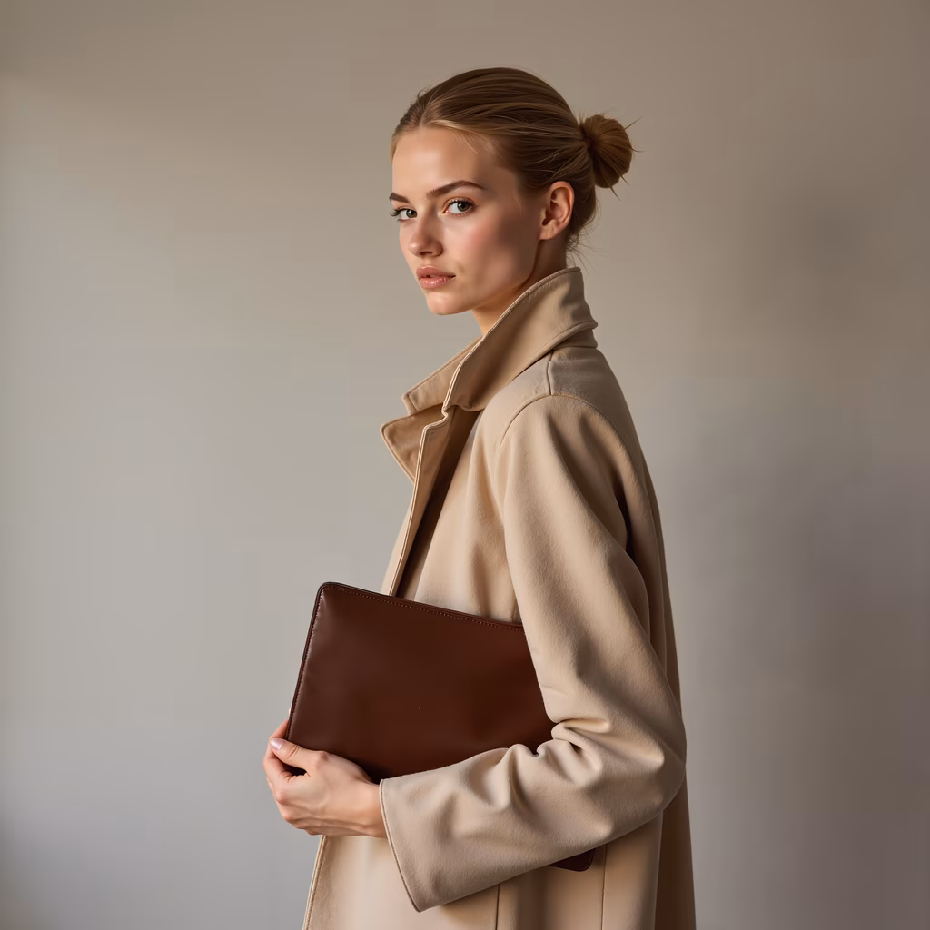 Elegant woman in camel coat, neutral background, soft lighting, sophisticated look.