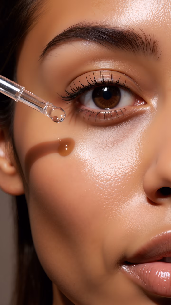 Close-up of a dropper releasing a drop of liquid onto skin near the eye, emphasizing skincare precision.
