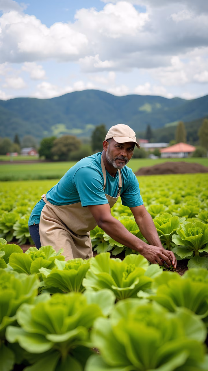 Farmer tending to lettuce field amidst scenic countryside.