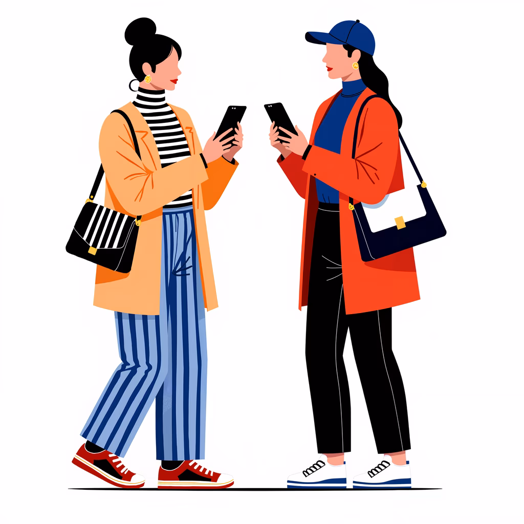 Two fashionable women converse with smartphones, showcasing modern fashion trends.
