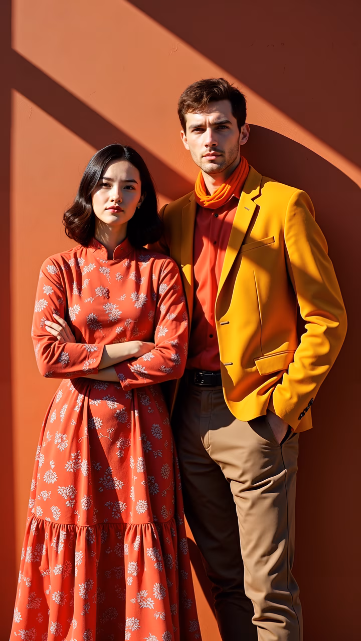 Vibrant fashion portrait with contrasting colors and geometric shadows.