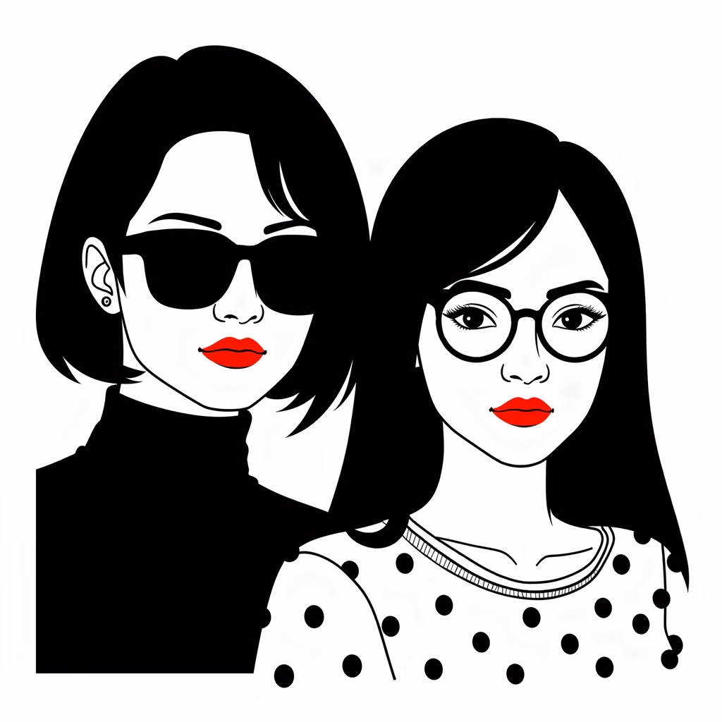 Stylish twins in black and white fashion illustration.