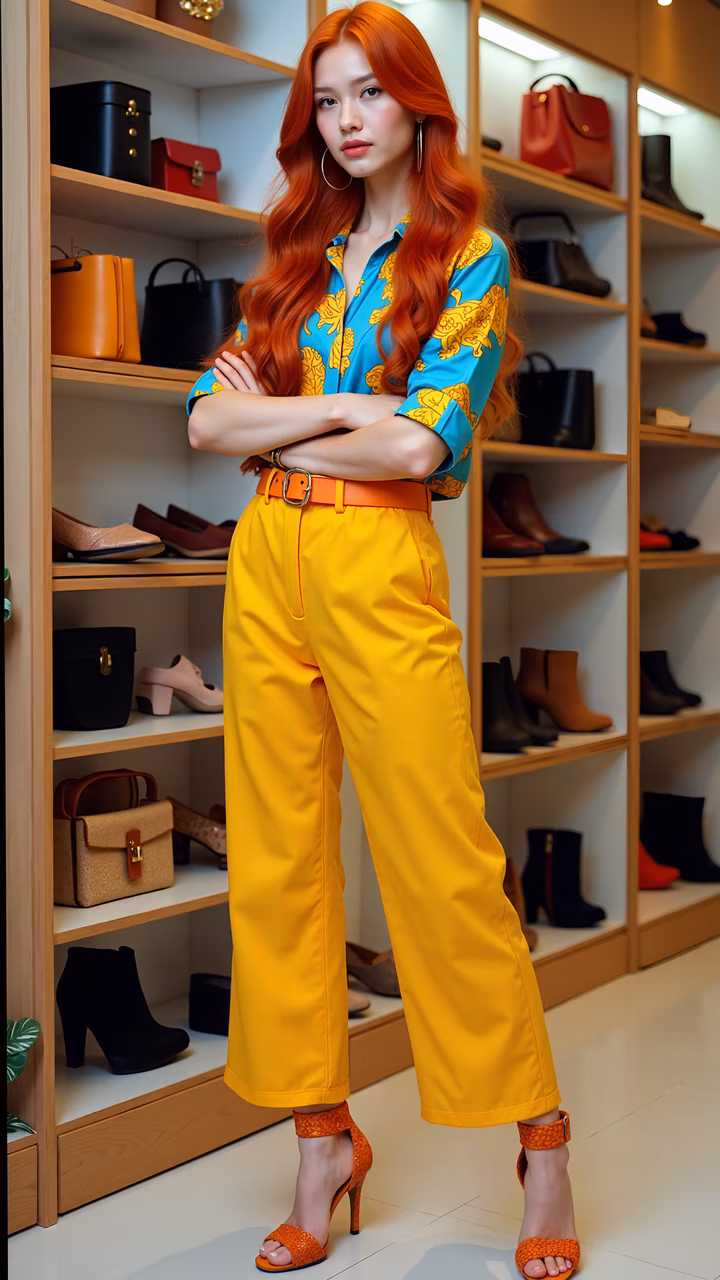 Confidently dressed woman in bright yellow pantsuit amidst stylish accessories.